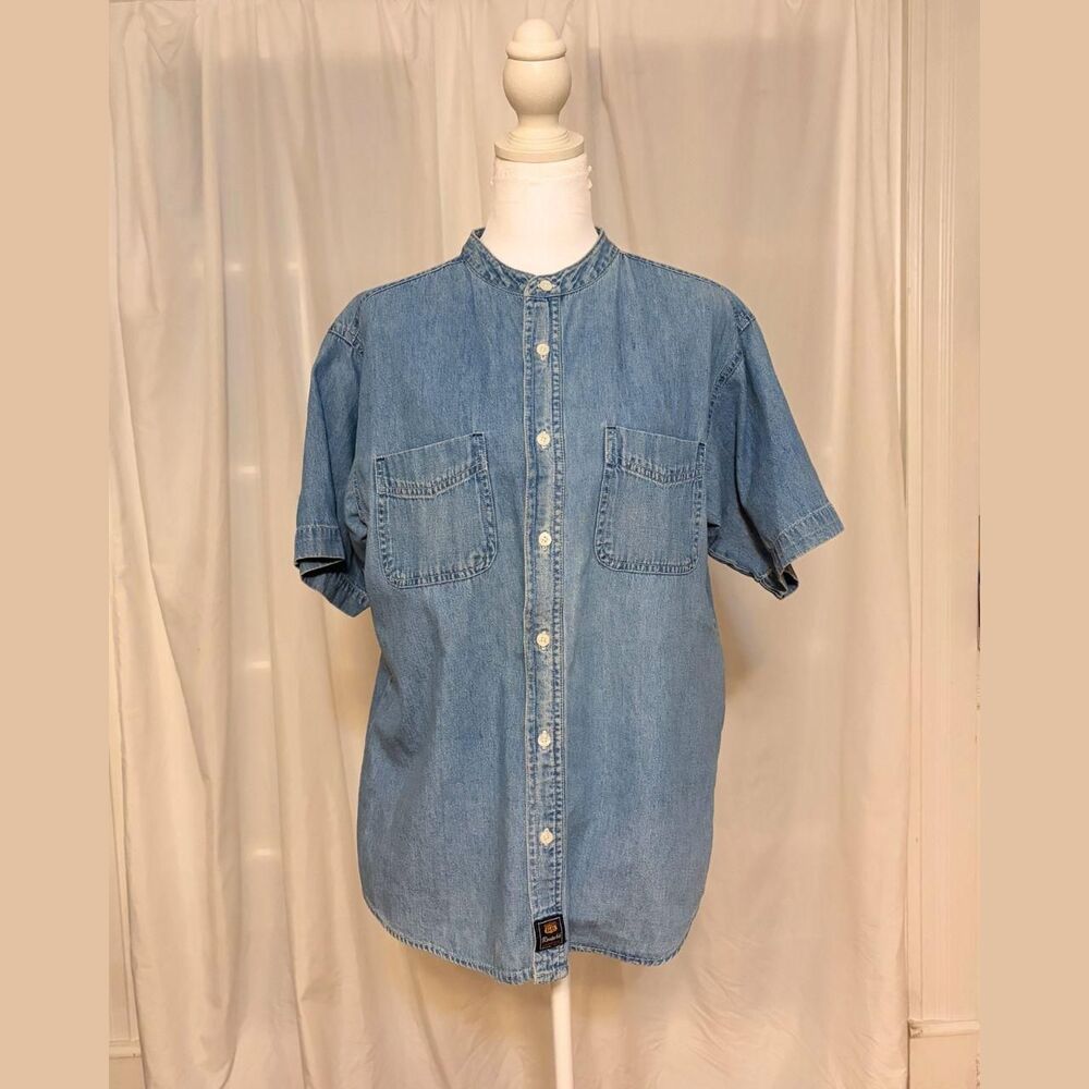 Route 66 Denim Short Sleeve Collarless Button Up 100% Cotton Shirt | Women's L